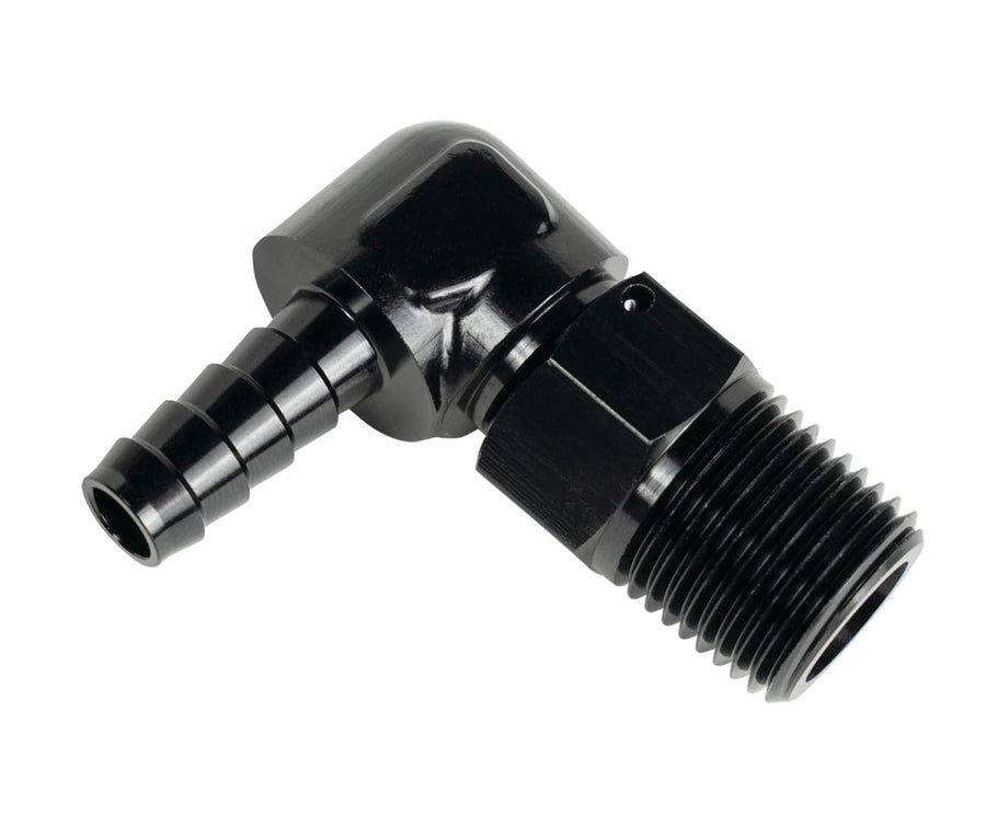 Adapter DERALE Fitting, 90 Degree, 7/8-14 in NPT Male to 1/2 in Hose Barb, Aluminum, Black Anodized, Each