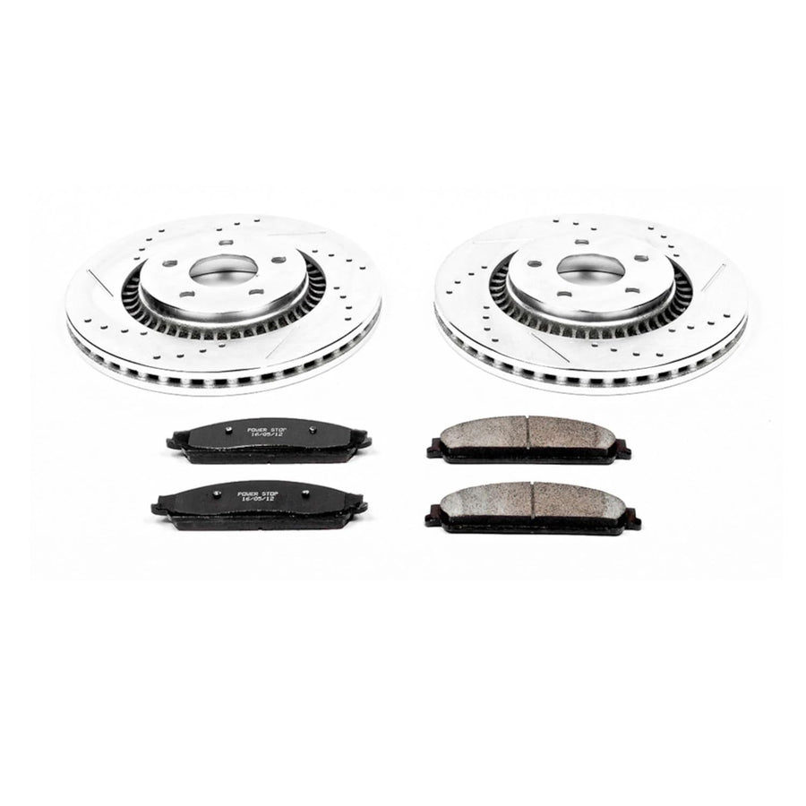 Power Stop K4599 Z23 Carbon Fiber Brake Pads with Drilled & Slotted Brake Rotors Kit For Five Hundred, Freestyle, Taurus, Taurus X, Montego, Sable [Model Specific]