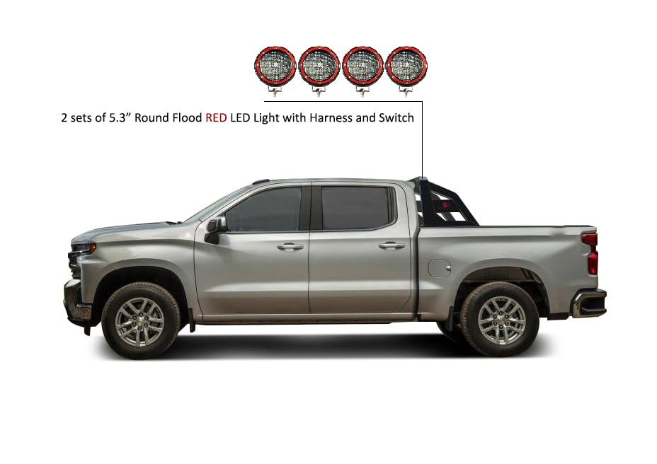 Roll Bar Black Horse Armour Incl. Set of 5.3" Dia.LED Lights w/Red Trim Rings Matte Black Compatible with 01-06 Chevrolet Silverado 3500|07-22 Silverado 3500 HD/GMC Sierra 3500 HD|07-24 Toyota Tundra