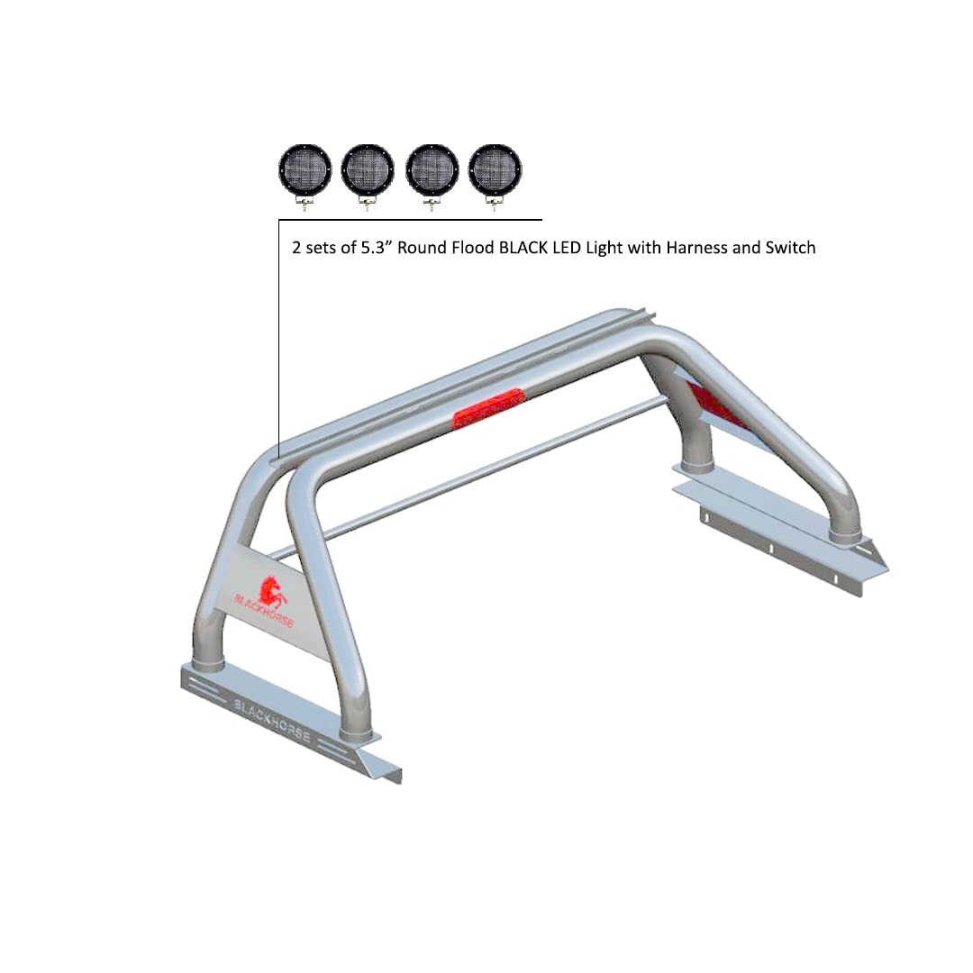 Classic Black Horse Roll Bar Incl. Set of 5.3" Dia.LED Lights w/Black Trim Rings Stainless Steel Compatible with 2020-2024 Jeep Gladiator-RB09SS-PLFB