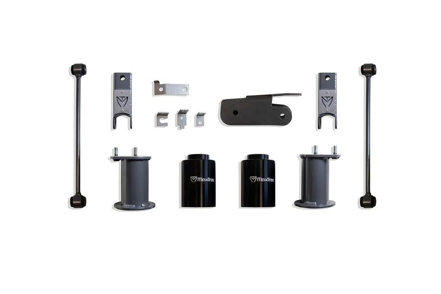 Part# 901050 MAX TRAC SUSPENSION'S is A 5" Rear Box KIT Including 5" Lift Coil SPACERS, TRAC BAR Bracket, SWAY BAR END Links & A Pair of Shock Extenders
