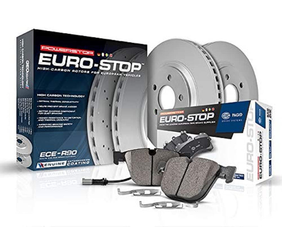Power Stop Euro-Stop ESK7053 Rear Brake Kit- Coated Brake Rotors & Ceramic Brake Pads For VW GTI, VW Golf, VW Golf Alltrack, VW Golf SportWagen, VW Passat [Model Specific]