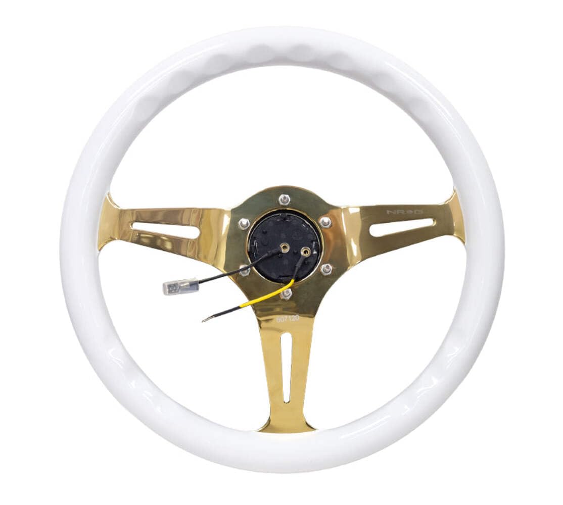 NRG Innovations Steering Wheel NRG-ST-015CG-WT - 350mm 25mm Deep Configuration 3 Chrome Gold Spokes Classic White Wood Grain Wheel/White Grip
