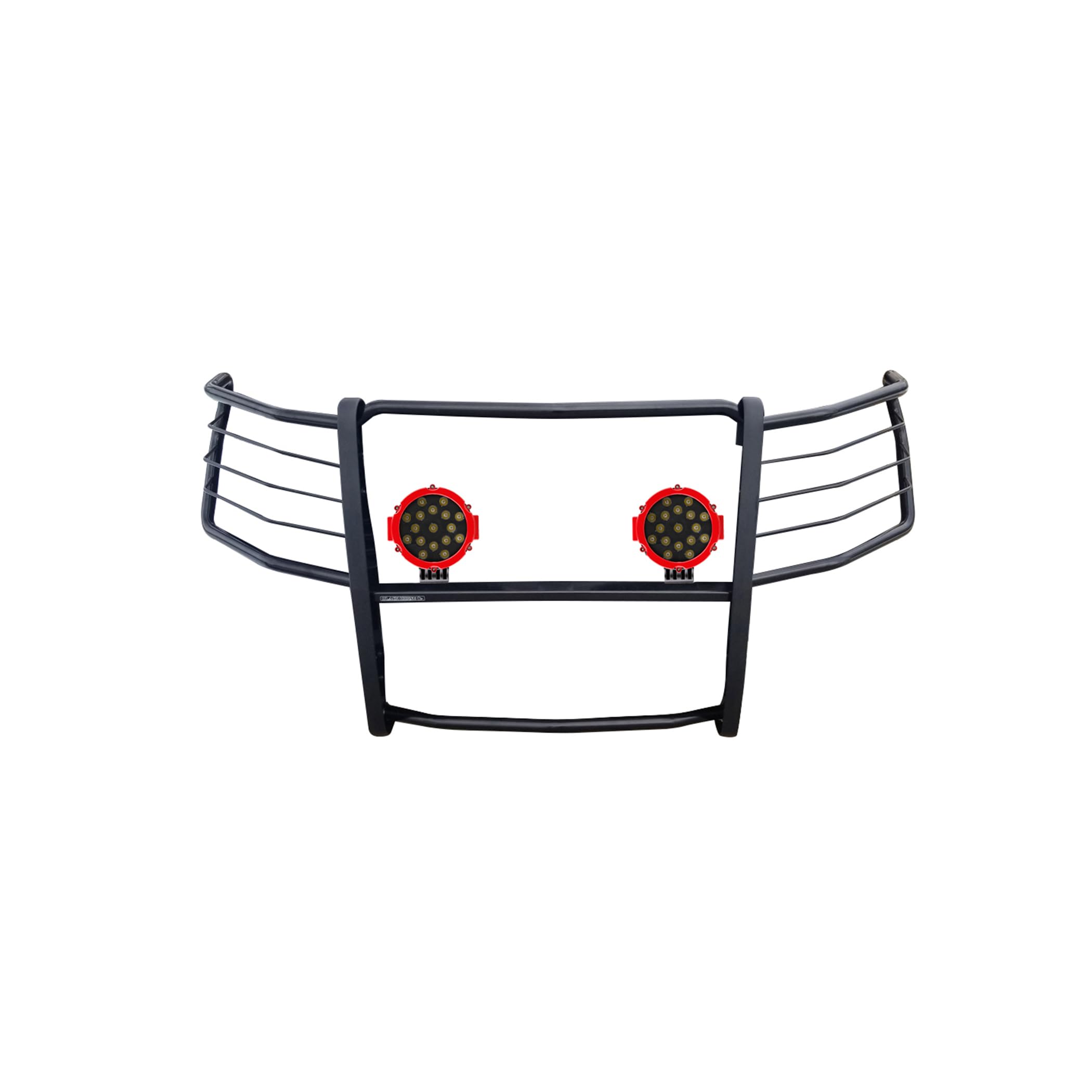 Grille Brush Black Horse Bumper Guard Modular Black Come with Pair of 7.0" Dia.LED Lights with Red Trim Rings Compatible with 2019-2021 Silverado 1500|2022-2022 Silverado 1500 LTD -17GT29MA-PLR