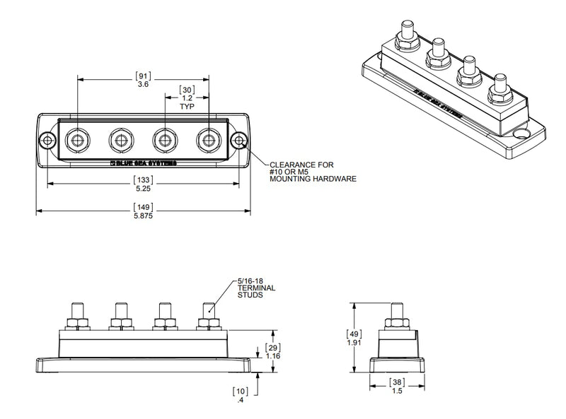 250 Amp Blue Sea Systems MaxiBus BusBar with 4 studs