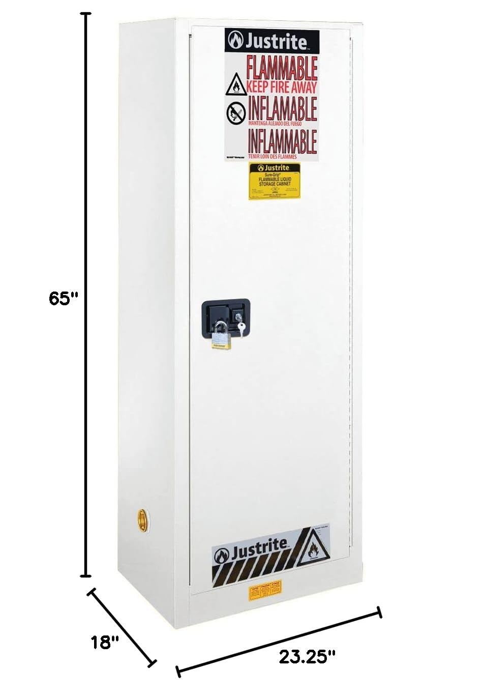 Justrite 22 Gallon Slimline Manual Close Flammable Storage Cabinet, 18 Gauge Steel, 3 Shelves, 2 Door Fire Cabinet, 65" x 23" x 18", Made in The USA, White, 892205