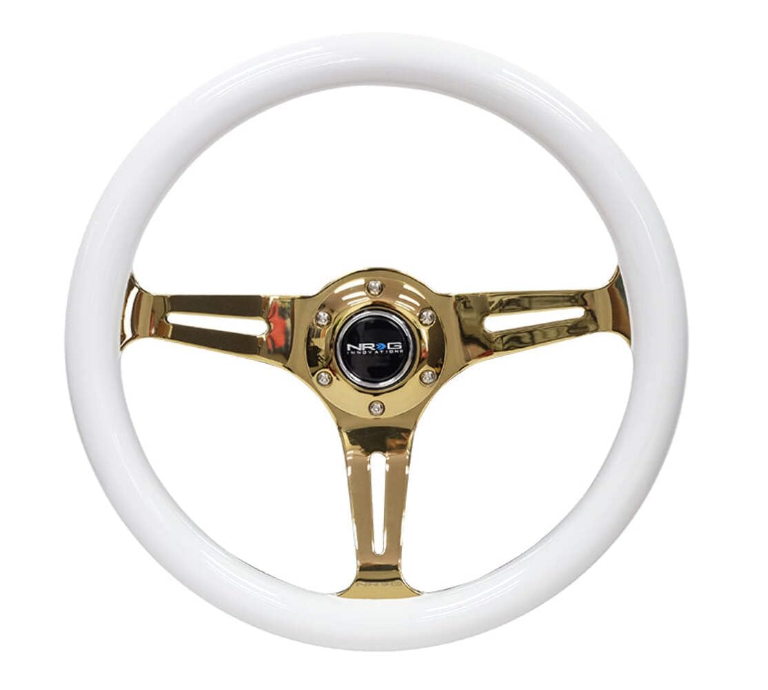 NRG Innovations Steering Wheel NRG-ST-015CG-WT - 350mm 25mm Deep Configuration 3 Chrome Gold Spokes Classic White Wood Grain Wheel/White Grip