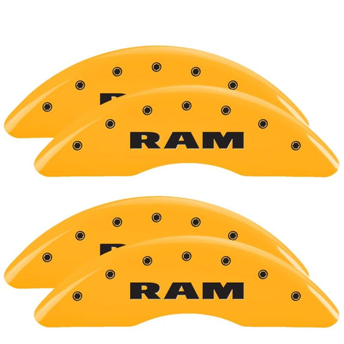 Brake Caliper Covers MGP - Compatible with 2019-2025 RAM 2500 and 3500 (Requires 18"+ Wheels) Powder-Coated Finish, 4 PCS Front and Rear (Yellow - RAM Engraving)