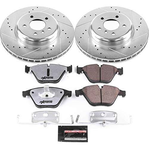 Power Stop K6020-26 Z26 Carbon Fiber Brake Pads Front with Drilled & Slotted Brake Rotors Kit and 1 Front Sensor Wire