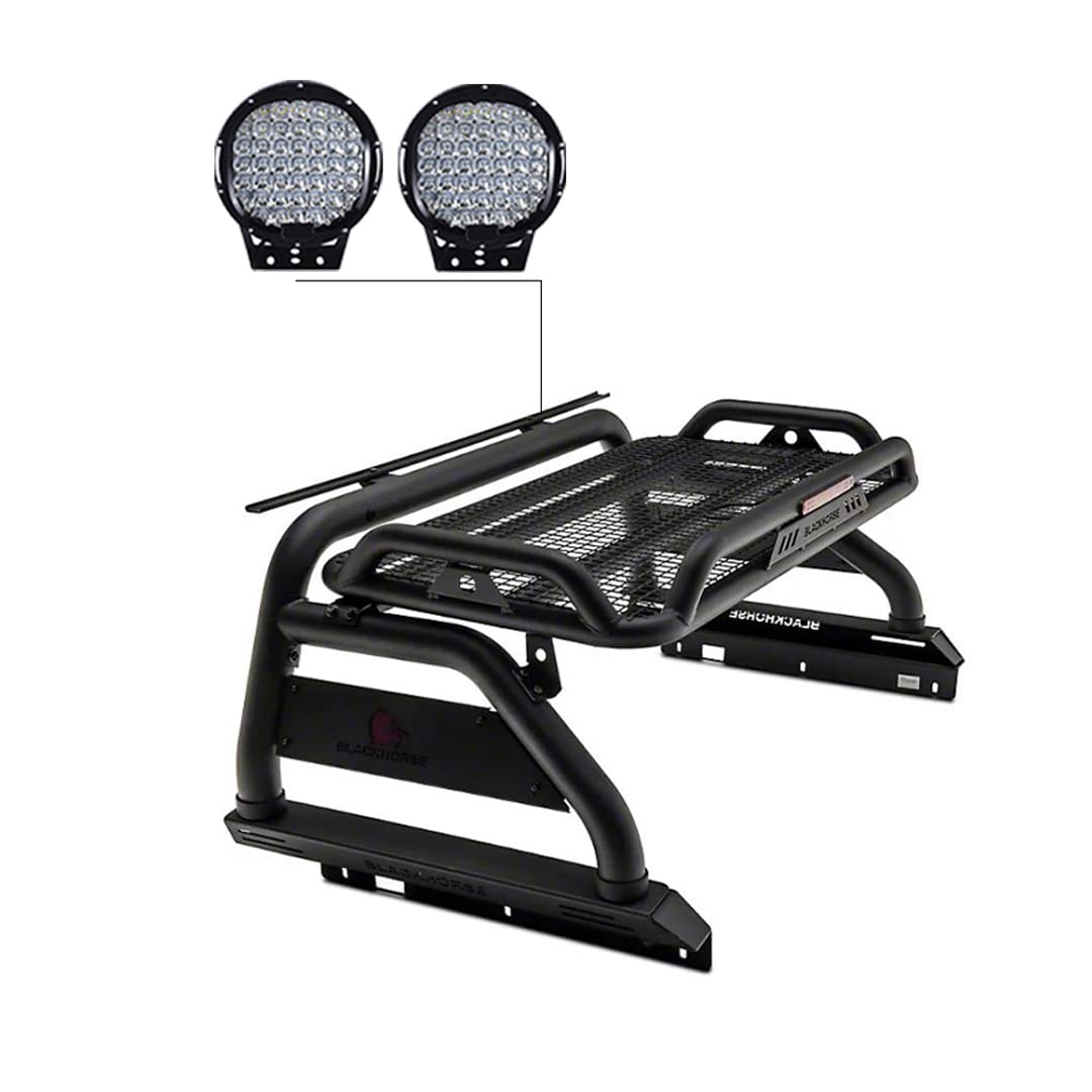 Atlas Black Horse Roll Bar Incl.Set of 9" Black Round led Light Compatible with 2015-2022 Chevrolet Colorado|2015-2022 GMC Canyon-ATRB5BK-PL69B