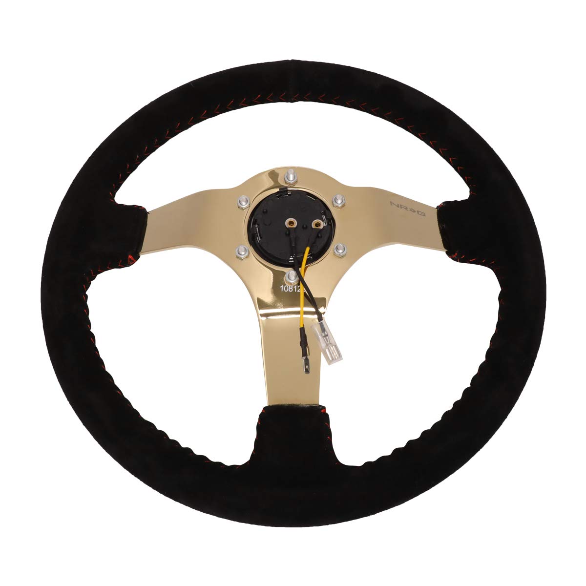 NRG Innovations Reinforced NRG-RST-036GD-S Steering Wheel - 350mm Sport Steering Wheel (3' deep) Black Suede with Red Baseball Stitching - Chrome Gold Spoke