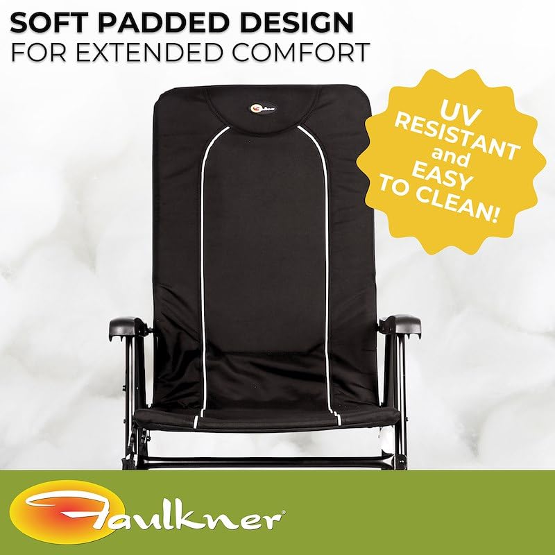 Dakota Faulkner Folding Rocking Chair Black Padded Seat and Backrest Lightweight Steel Frame Side Pouch 300 lb Capacity Foldable Outdoor Camping and Patio Chair