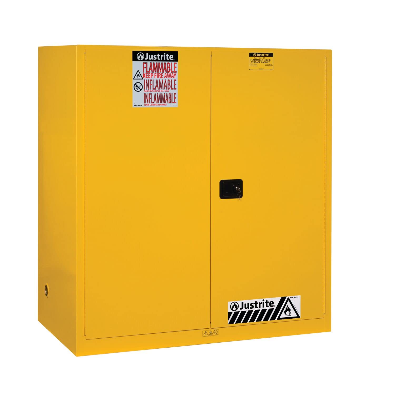 Justrite Steel 2 Door Vertical Drum Self-Close Flammables Storage Cabinet with Drum Support, 110 Gallon Capacity, 59" Width x 65" Height x 34" Depth, 1 Shelf, Made in The USA, Yellow, 899120