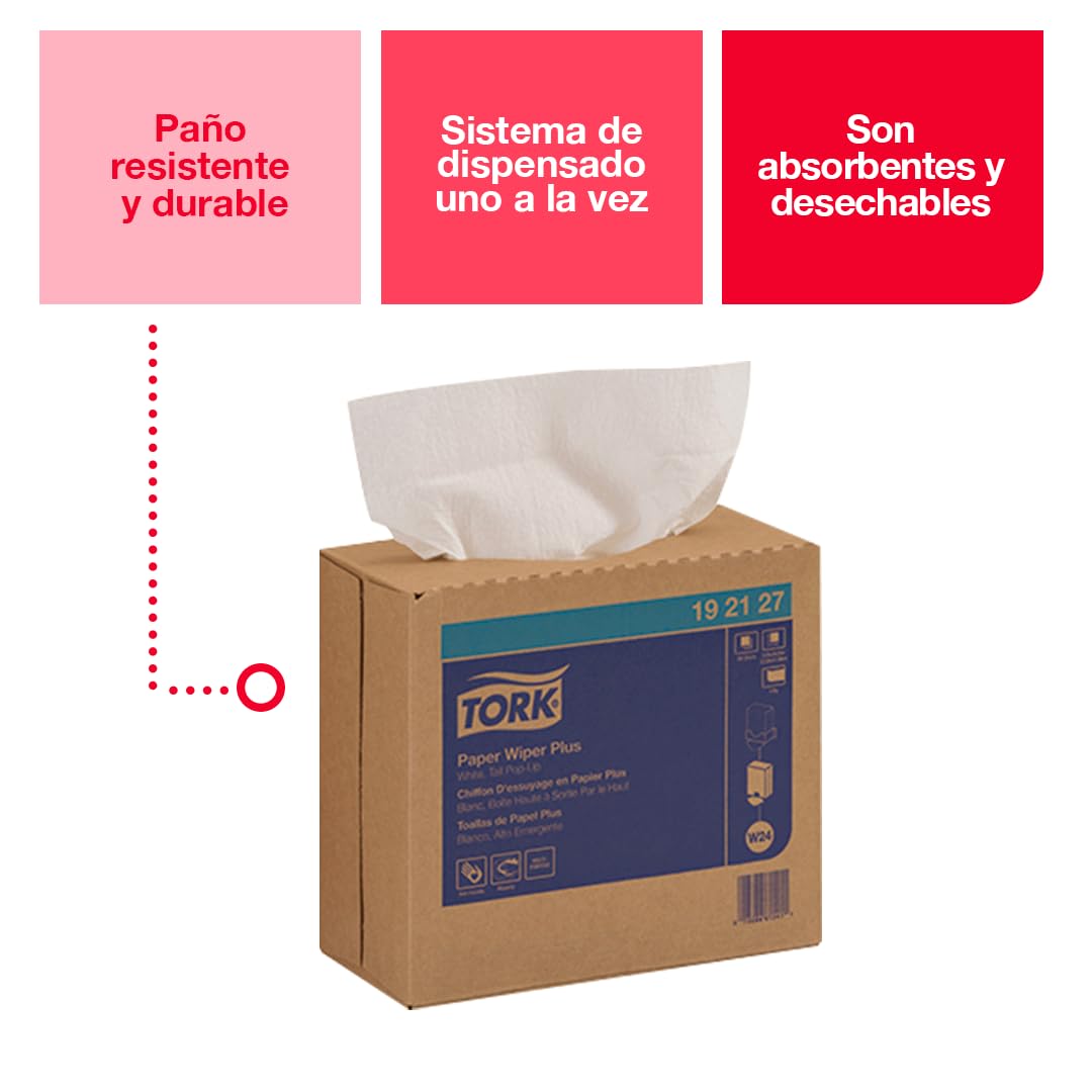 Tork Paper Wiper Plus 192127, Pop-Up Box, 1-Ply, 9.25" Width x 16.25" Length, White (Case of 8 Boxes, 100 per Box, 800 Towels)