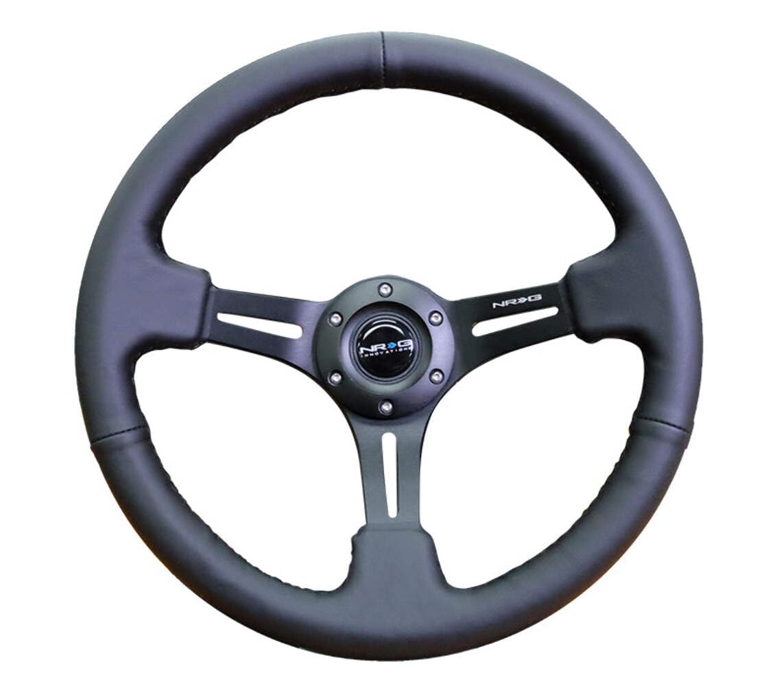 NRG Innovations Reinforced NRG-RST-018R Steering Wheel 350mm Sport Steering Wheel (3" Deep) Leather with Stitching, Slit Spoke Design over Circular Cut-Outs
