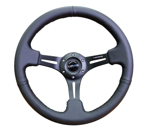 NRG Innovations Reinforced NRG-RST-018R Steering Wheel 350mm Sport Steering Wheel (3" Deep) Leather with Stitching, Slit Spoke Design over Circular Cut-Outs