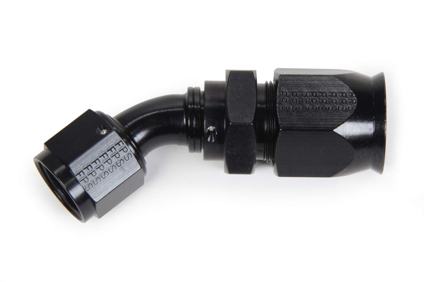 Fragola Race-Rite Fitting, Hose End, PTFE Hose, 45 Degree, 10 an Hose to 10 an Female, Swivel, Aluminum, Black, Each
