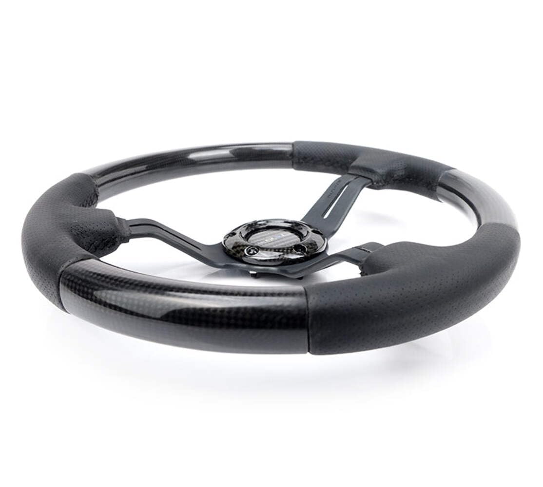 NRG Innovations Steering Wheel NRG-ST-010CFBS - Carbon Fiber Steering Wheel with LEATHER ACCENT 350mm 1.5" DEEP BLACK STICHING