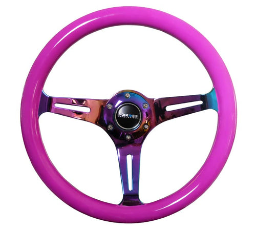 Classic Wood Grain Steering Wheel NRG Innovations NRG-ST-015MC-NPP, 350mm 3 Neochrome Spokes-Neon Purple Color
