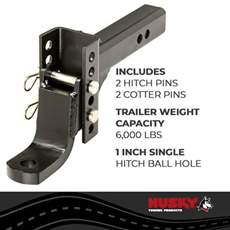 Trailer Hitch Ball Mount Husky Towing 33108 Class III/IV, 2 Inch Receiver Adjustable 6-3/4 Inch Drop / 5-1/4 Inch Rise 12 Inch Solid Steel Shank Accepts 1 Inch Ball Black Powder Coated Without Ball