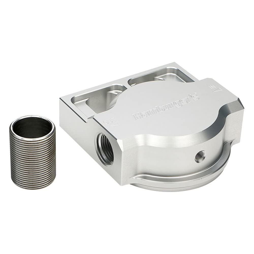 SINGLE REMOTE OIL FILTER BASE - HAMBURGER'S PERFORMANCE; FITS HP6; FLOWS RIGHT TO LEFT- BILLET ALUMINUM (3407)