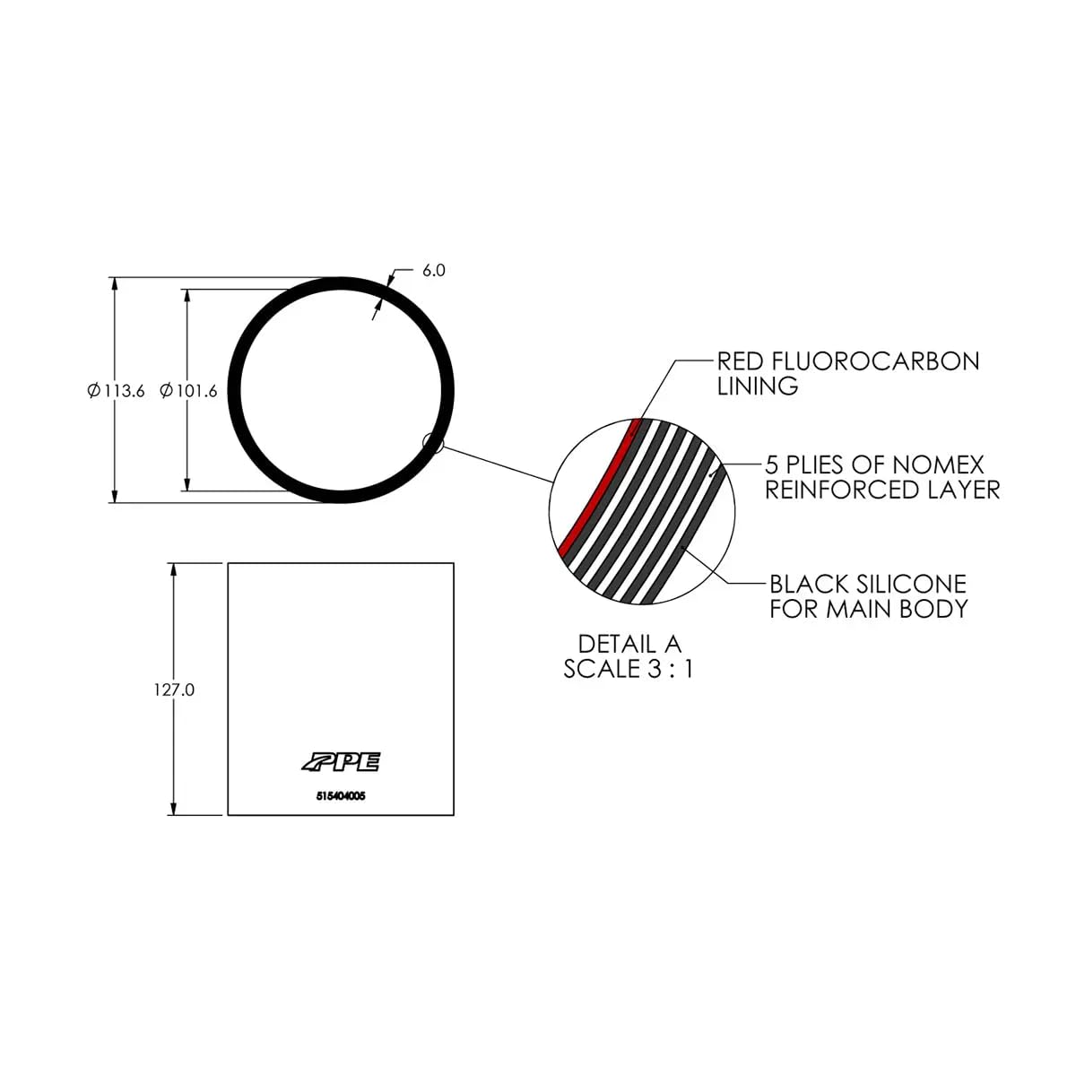 515404005 PPE 4.0" ID x 5.0" L 6mm 5-ply Performance Silicone for Custom Applications