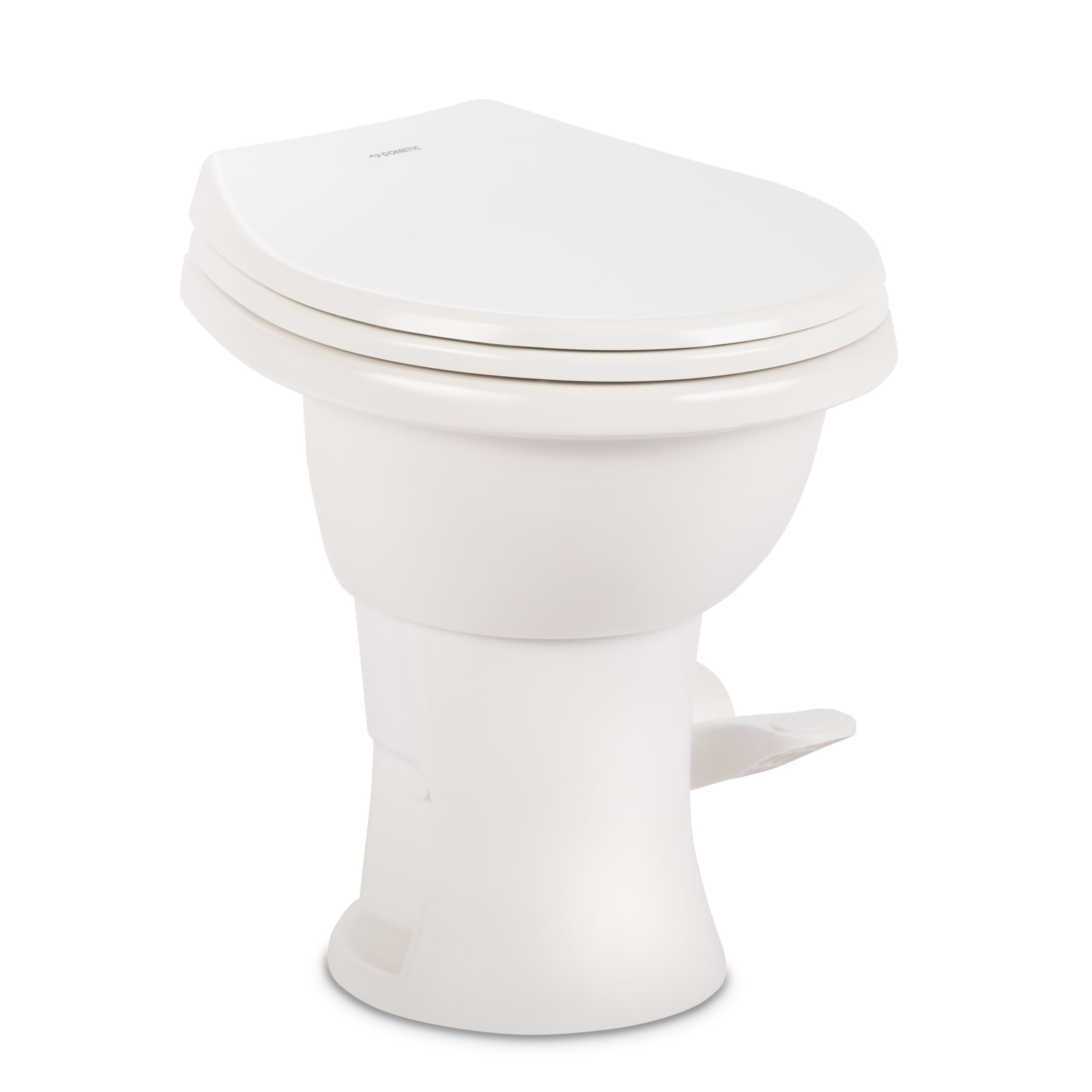 Dometic Complete RV Toilet Model 410 – Round Porcelain Bowl, Universal Fit & 2-Bolt Mount, 18" Chair Height Residential-Style, Gravity Flush Toilet with Soft-Close Seat, White (9610008259)