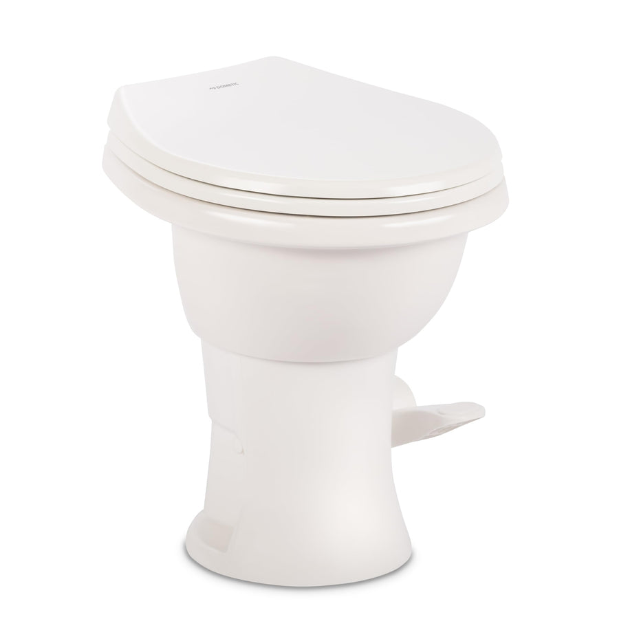 Dometic Complete RV Toilet Model 410 – Round Porcelain Bowl, Universal Fit & 2-Bolt Mount, 18" Chair Height Residential-Style, Gravity Flush Toilet with Soft-Close Seat, White (9610008259)