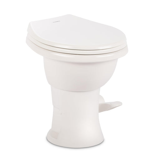 Dometic Complete RV Toilet Model 410 – Round Porcelain Bowl, Universal Fit & 2-Bolt Mount, 18" Chair Height Residential-Style, Gravity Flush Toilet with Soft-Close Seat, White (9610008259)