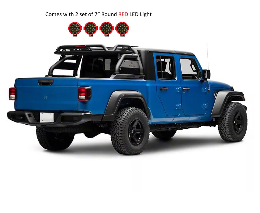 Atlas Black Horse Roll Bar Incl. Pair of 7.0" Dia. Led Lights w/Red Trim Rings Compatible with 2020-2024 Jeep Gladiator-ATRB9BK-PLR