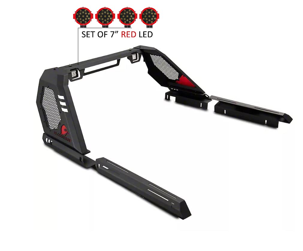 Vigor Roll Bar Black Horse w/Pair of 7.0" Dia.led Lights w/Red Trim Rings Modular Compatible with 07-25 Silverado 1500|07-25 Sierra 1500|09-10 Ram 1500|11-25 Ram 1500|09-25 F-150|07-25 Tundra