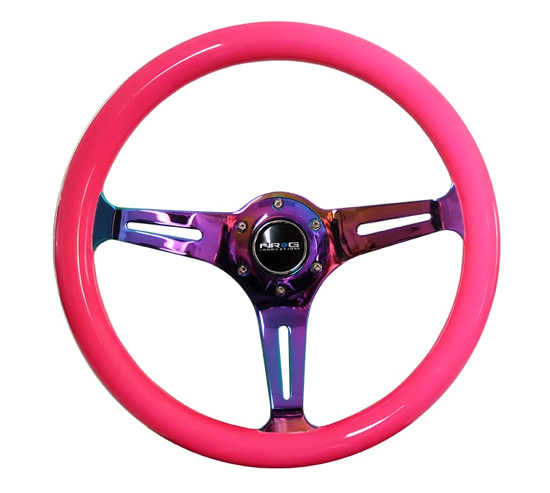 NRG Innovations Classic Wood Grain Steering Wheel NRG-ST-015MC-NPK, 350mm 3 Neochrome Spokes-Neon Pink Color