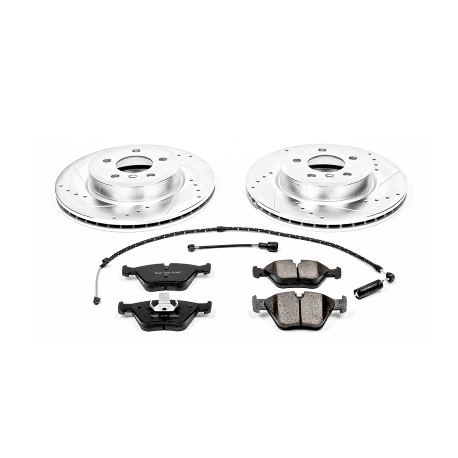 Power Stop K5298 Z23 Front Carbon Fiber Brake Pads with Drilled & Slotted Brake Rotors Kit and 1 Front Sensor Wire For BMW X3 2004-2010 [Model Specific]