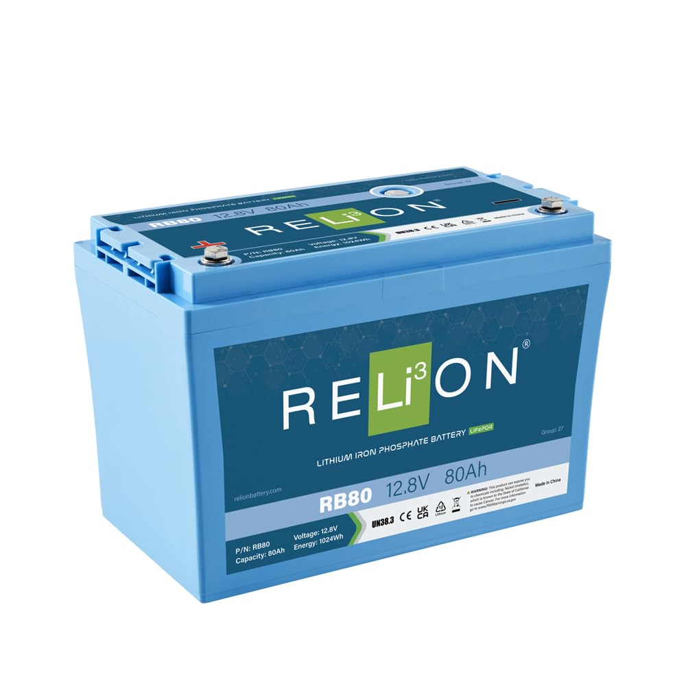 12V RELiON RB80 | 80Ah | LiFePO4 Lithium-ion Battery | Group 27 | 3500~5000 Cycles | Waterproof (IP67 Rating) | 10 Year Warranty | Perfect for Boat, Kayak, Trolling Motor, RV, Solar, Off Grid etc.