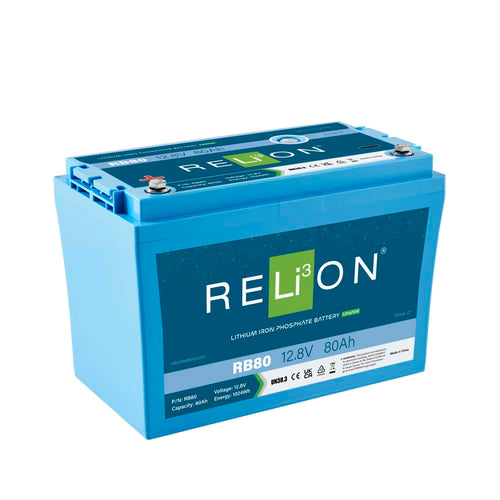 12V RELiON RB80 | 80Ah | LiFePO4 Lithium-ion Battery | Group 27 | 3500~5000 Cycles | Waterproof (IP67 Rating) | 10 Year Warranty | Perfect for Boat, Kayak, Trolling Motor, RV, Solar, Off Grid etc.