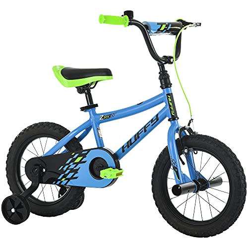 Huffy 14” Kid’s BMX Bike ZRX with Pegs, Training Wheels, Handlebar Bell, Blue and Green