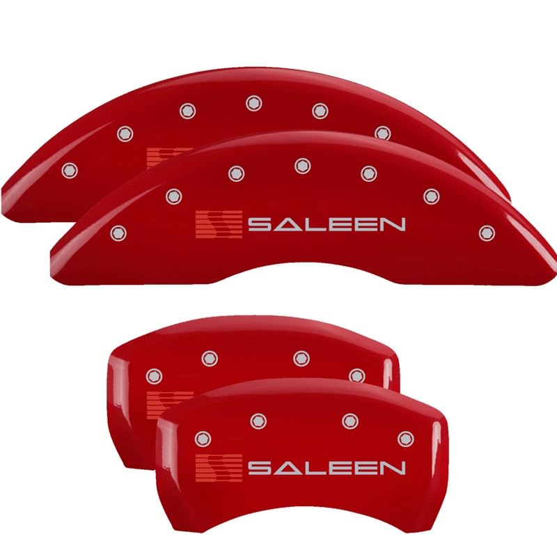 Brake Caliper Covers MGP for Ford Mustang GT, GT Premium 2015-2023 - Red Powder-Coated Finish, Engraved Silver Saleen Logo, Front and Rear Caliper Covers (Set of 4)