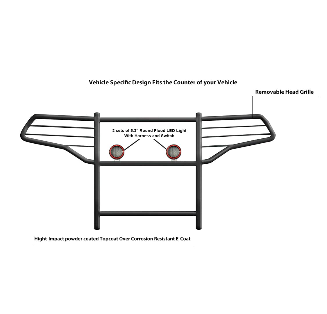Bumper Guard Black Horse Grille Brush Modular Black Come with Pair of 5.3" Dia.LED Lights with Red Trim Rings Compatible with 2020-2024 Ford Explorer-17FJ31MA-PLFR