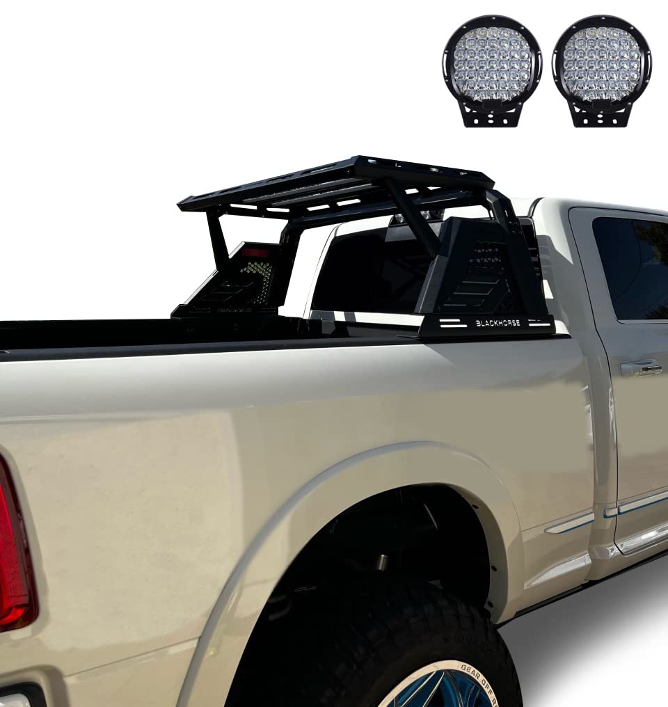 Armour II Black Horse Roll Bar W/Basket Incl.Set of 9" Black Round Led Light Compatible with 2005-2021 Nissan Frontier-AR2-05BA3-PL69B