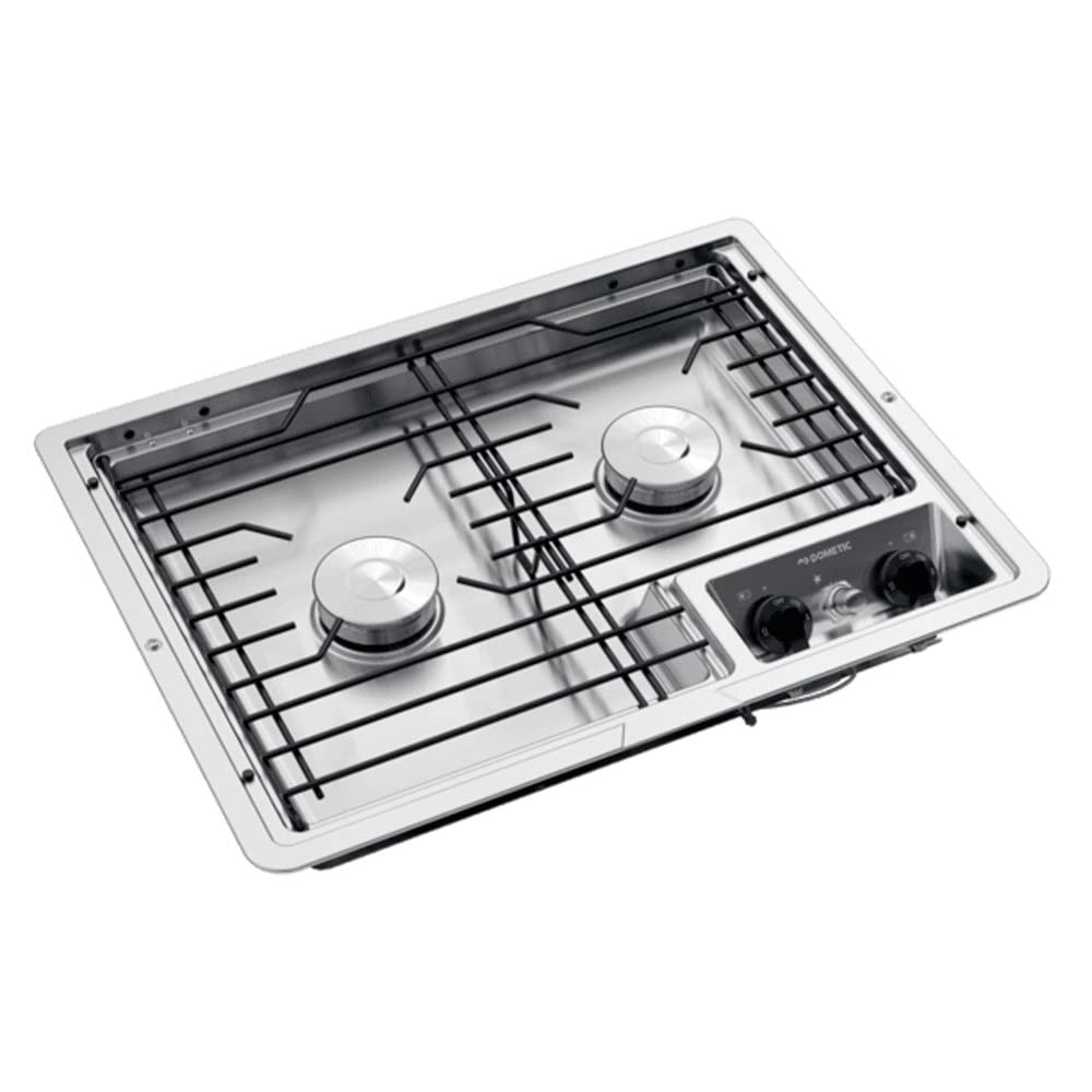 Dometic Two Burner Drop-In Cooktop - Cast Iron/Flat Wire Grate Top Mount 12V Stove for RV and Outdoor Camper Kitchens
