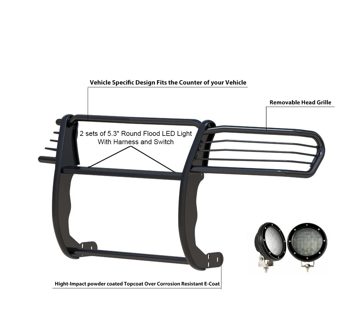 Grille Brush Black Horse Bumper Guard Modular Black Come with Pair of 5.3" Dia.LED Lights with Black Trim Rings Compatible with 2020-2024 Kia Telluride-17KI01MA-PLFB