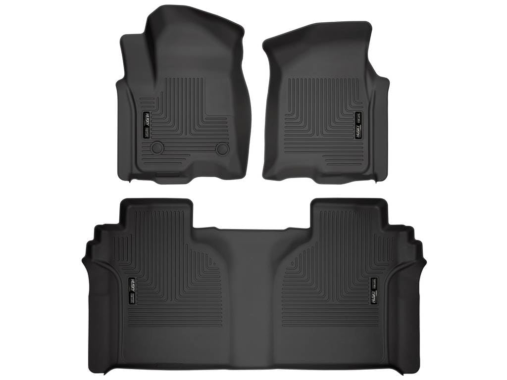 Husky Liners Floor Mats Weatherbeater | Fits 2019 - 2025 Chevrolet Silverado & GMC Sierra 1500; 2020-2025 Silv./Sierra 2500/3500 Crew Cab w/Carpet & Underseat Stg | Front & 2nd Row, 3-pc Black - 94021