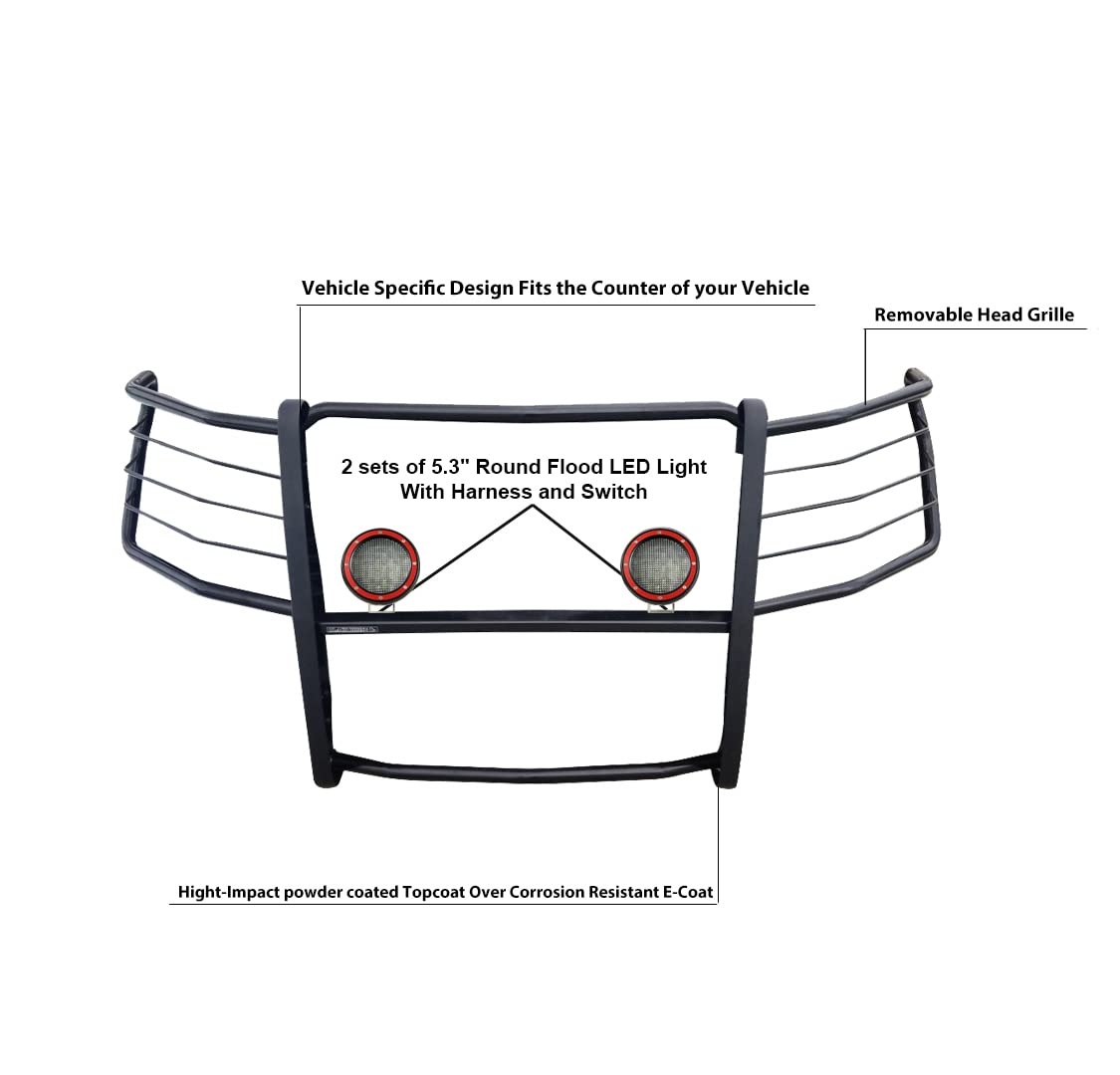 Bumper Guard Black Horse Grille Brush Modular Black Come with Pair of 5.3" Dia.LED Lights with Red Trim Rings Compatible with 2019-2021 Silverado 1500|2022-2022 Silverado 1500 LTD -17GT29MA-PLFR