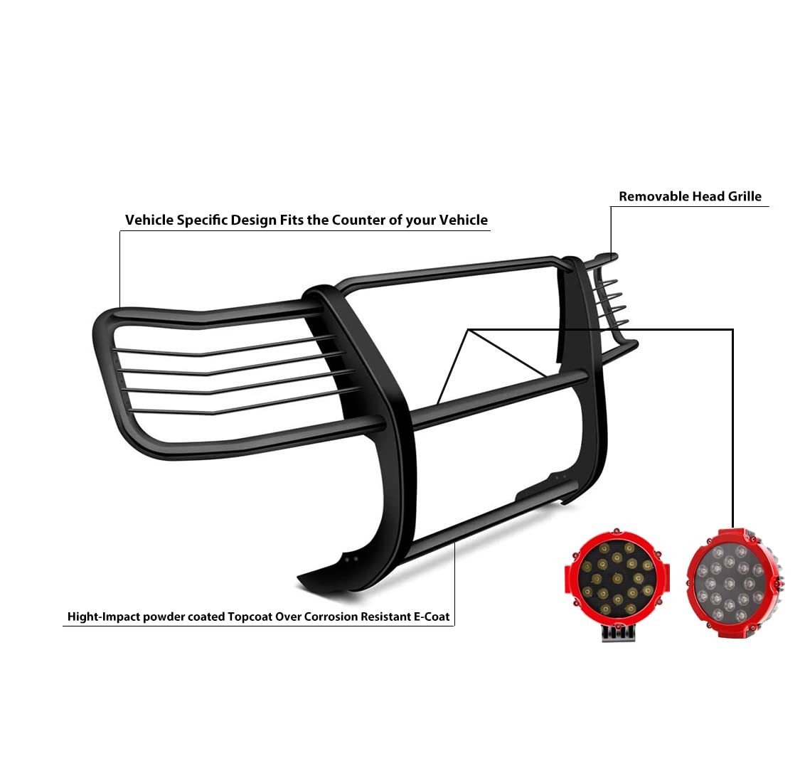 Grille Brush Black Horse Bumper Guard Modular Black Come with Pair of 7.0" Dia.LED Lights with Red Trim Rings Compatible with 2004-2006 Toyota Tundra-17TS27MA-PLR