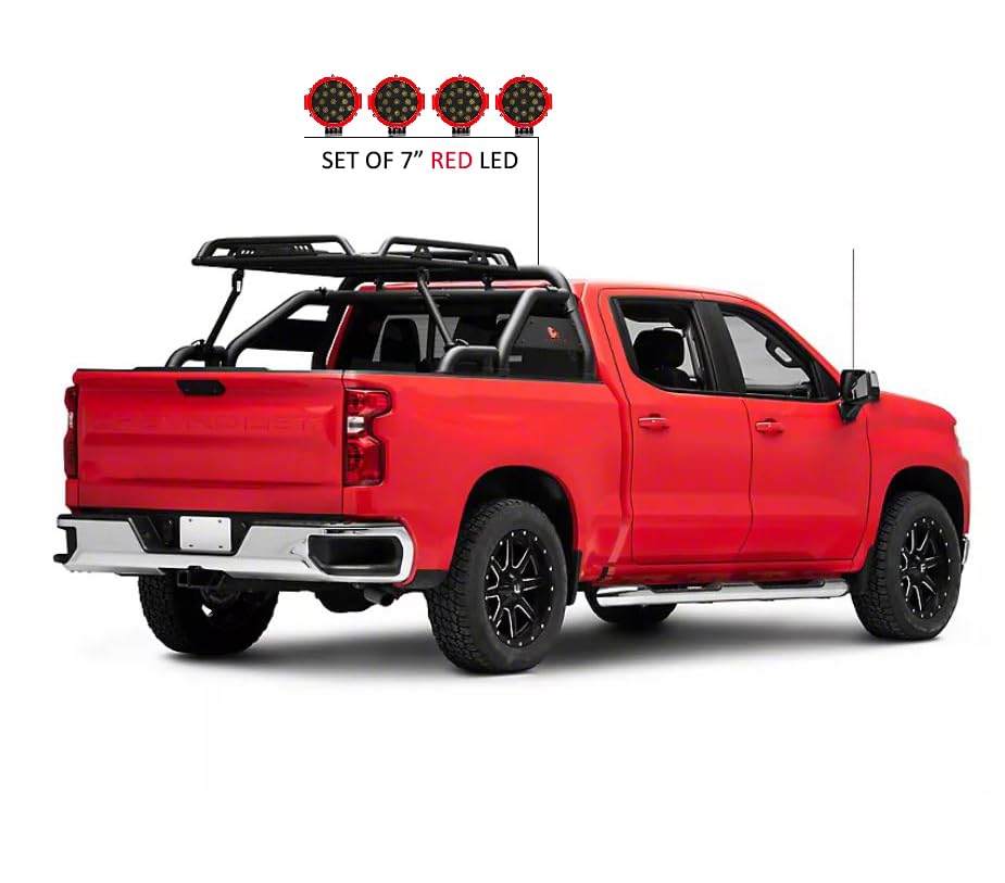 Warrior Black Horse Roll Bar Incl. Pair of 7.0" Dia.LED Lights Compatible with 1/2 TON Trucks (GM Silverado 14+/Ford F150 15+/Dodge RAM 15+) with Full Size Cargo Basket(with RED Brake Light)