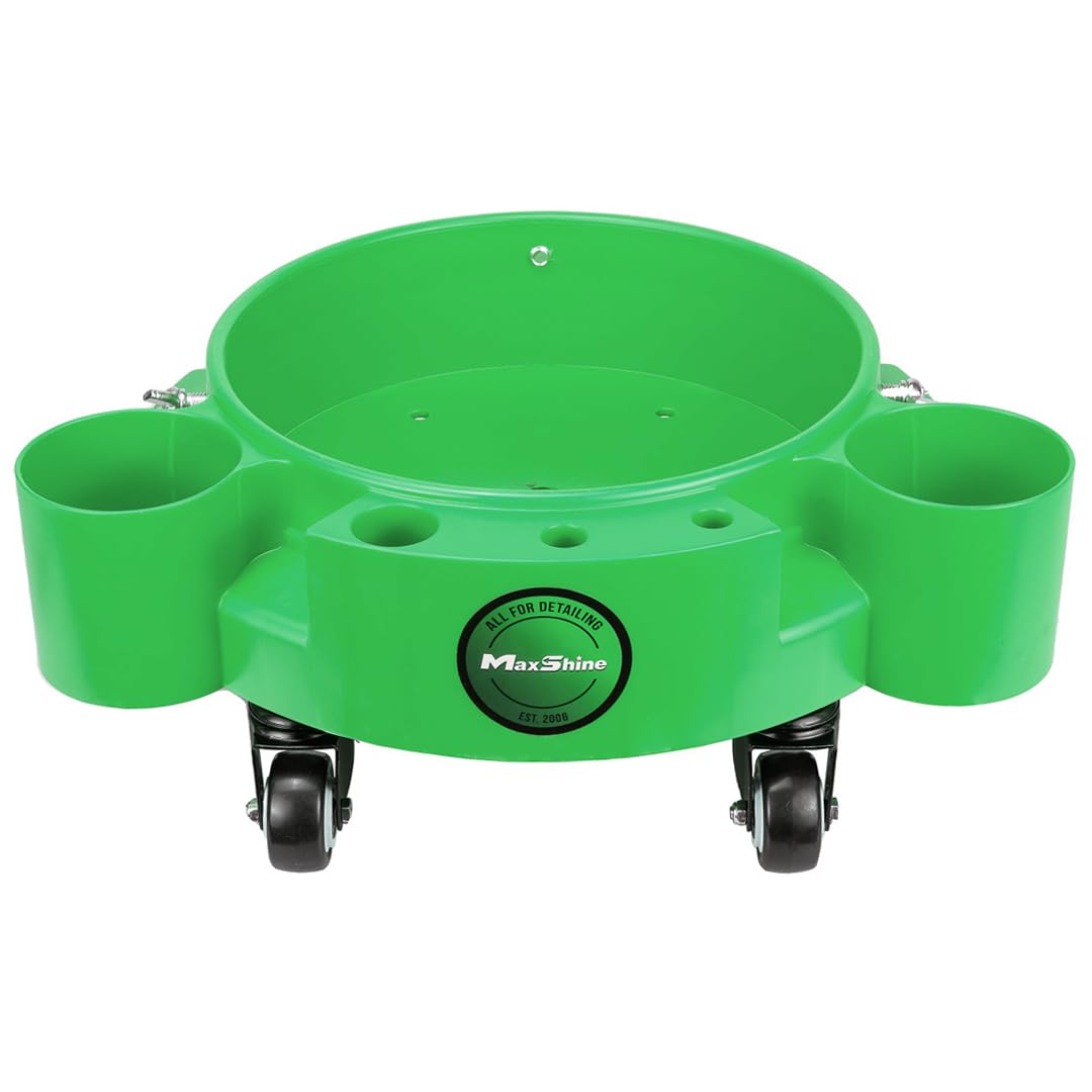 Maxshine Rolling Utility Cart Bucket Dolly, 5-Gallon, Green, Polypropylene, 5 Wheels, Tool Organizer | 360° Mobility, Stable Cleaning Supply Storage for Detailing and Workshop Use