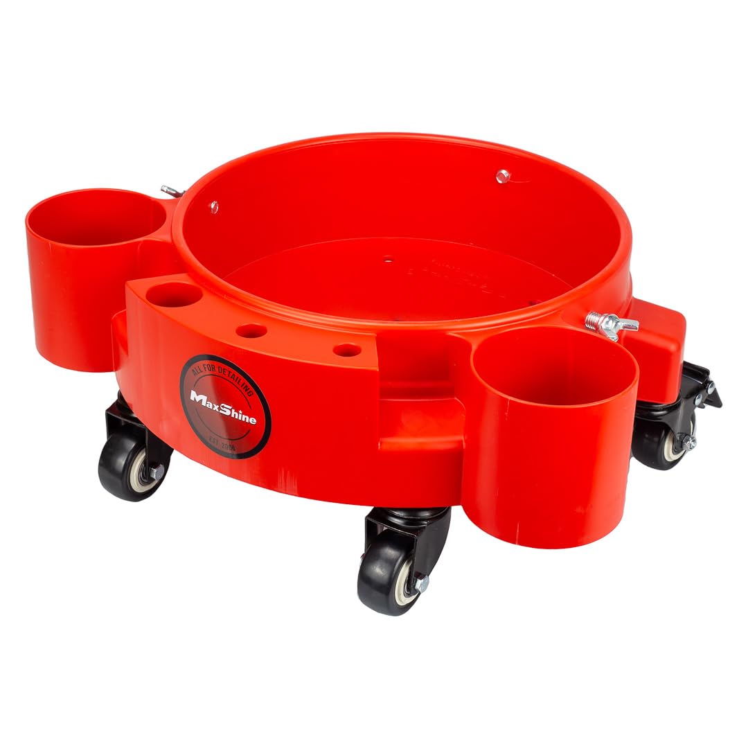 5 Gallon Maxshine Universal Rolling Bucket Dolly (Red) | Heavy-Duty Detailing Bucket Cart with 5 Wheels & 2 Locking Casters | Mobile Organizer for Compounds, Brushes & Car Wash Supplies