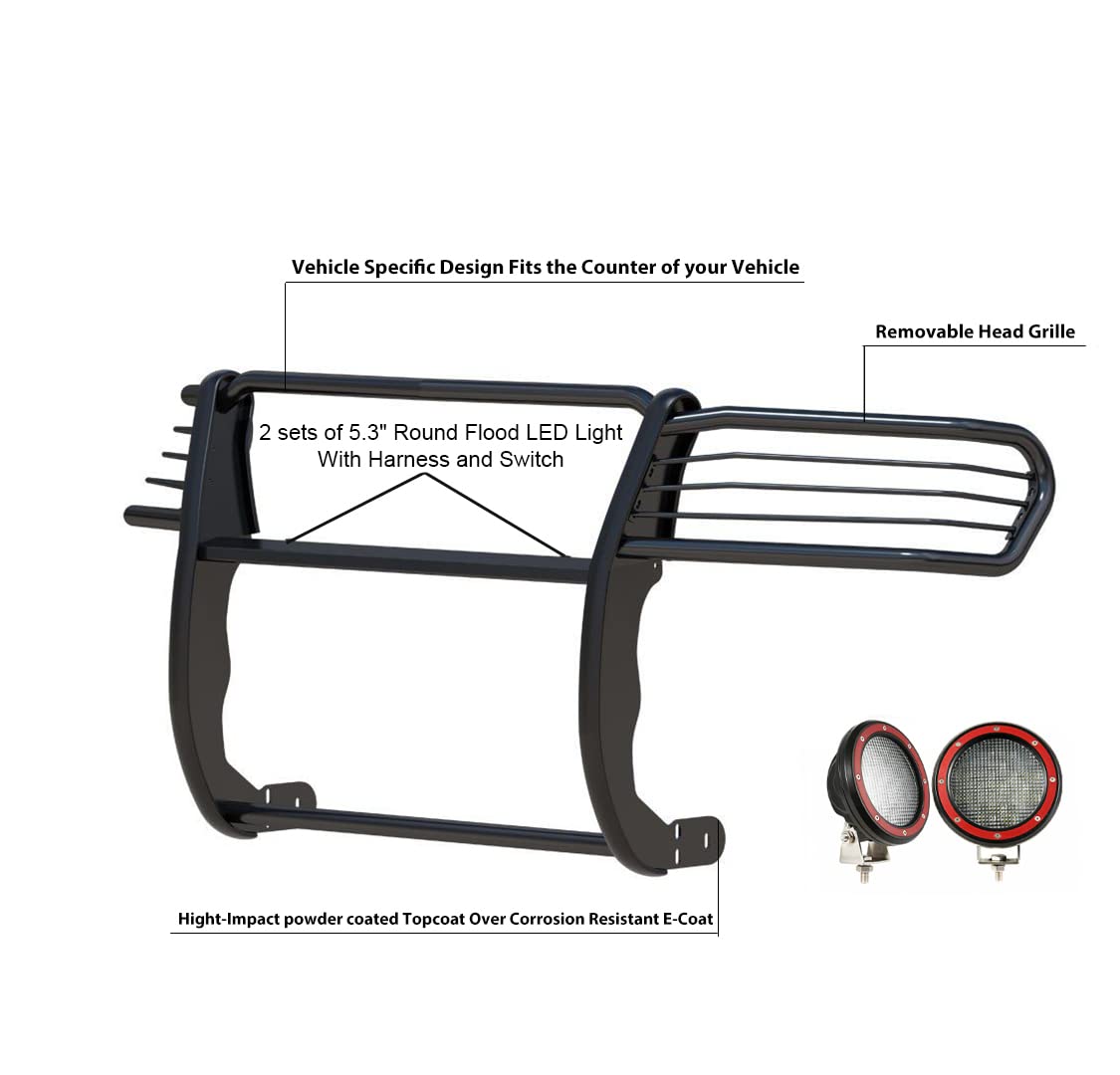 Grille Brush Black Horse Bumper Guard Modular Black Come with Pair of 5.3" Dia.LED Lights with Red Trim Rings Compatible with 2010-2018 Ram 2500|2011-2018 Ram 3500-17DR01MA-PLFR
