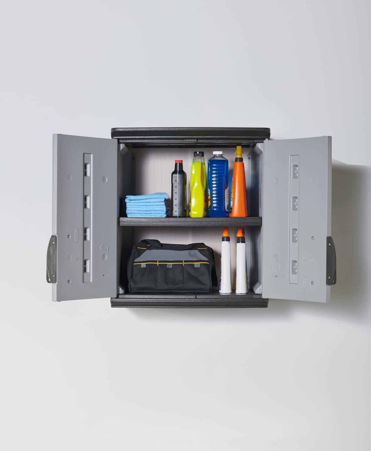 Rubbermaid Storage Cabinet Wall Mounted with Doors 150-Pound Capacity Gray Lockable Three-Shelf Cubbard for Tools/Car Accessories/Cleaning in Home/Garage/Outdoor Areas