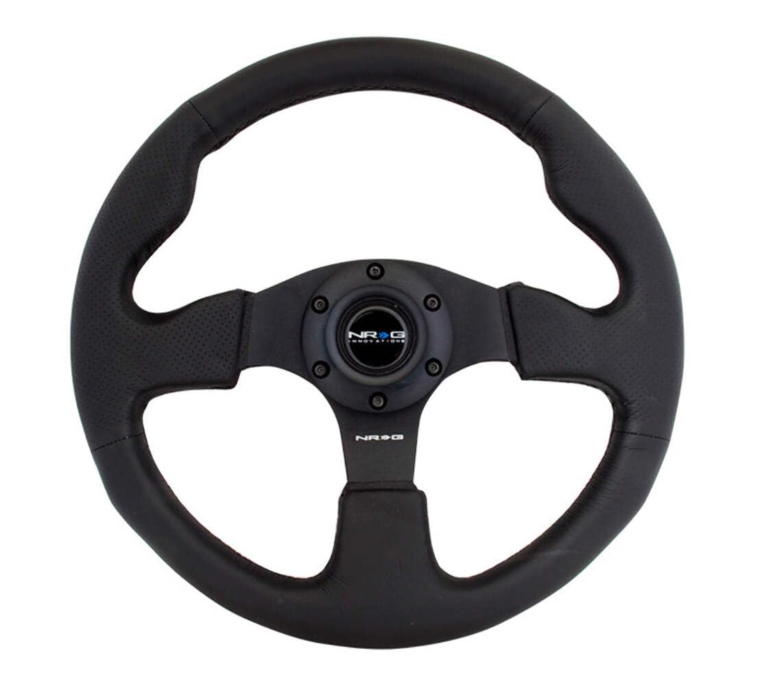 NRG Innovations Reinforced NRG-RST-012R Steering Wheel Leather Steering Wheel 320mm With/BLACK Stitch/Black Thumb Grip, Double Riveted Spokes + Horn Button